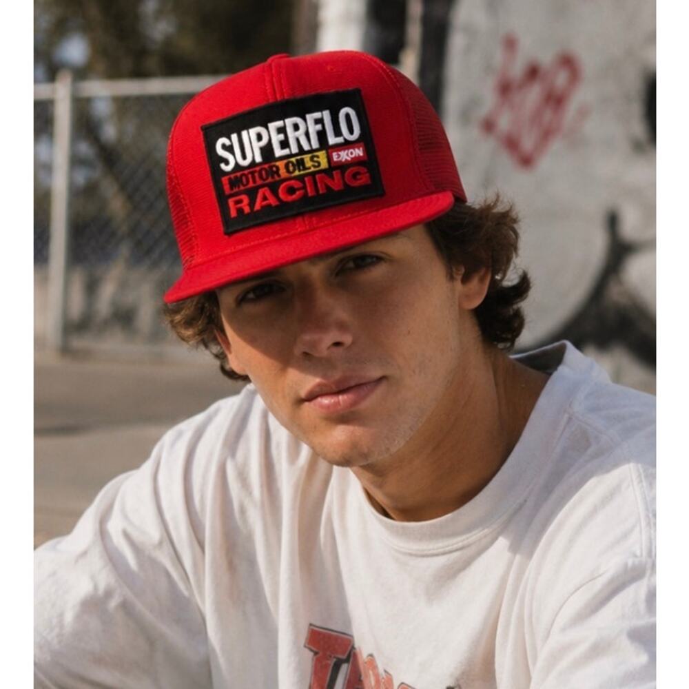 Vintage Red "SUPERFLO" Racing Patch Trucker Hat